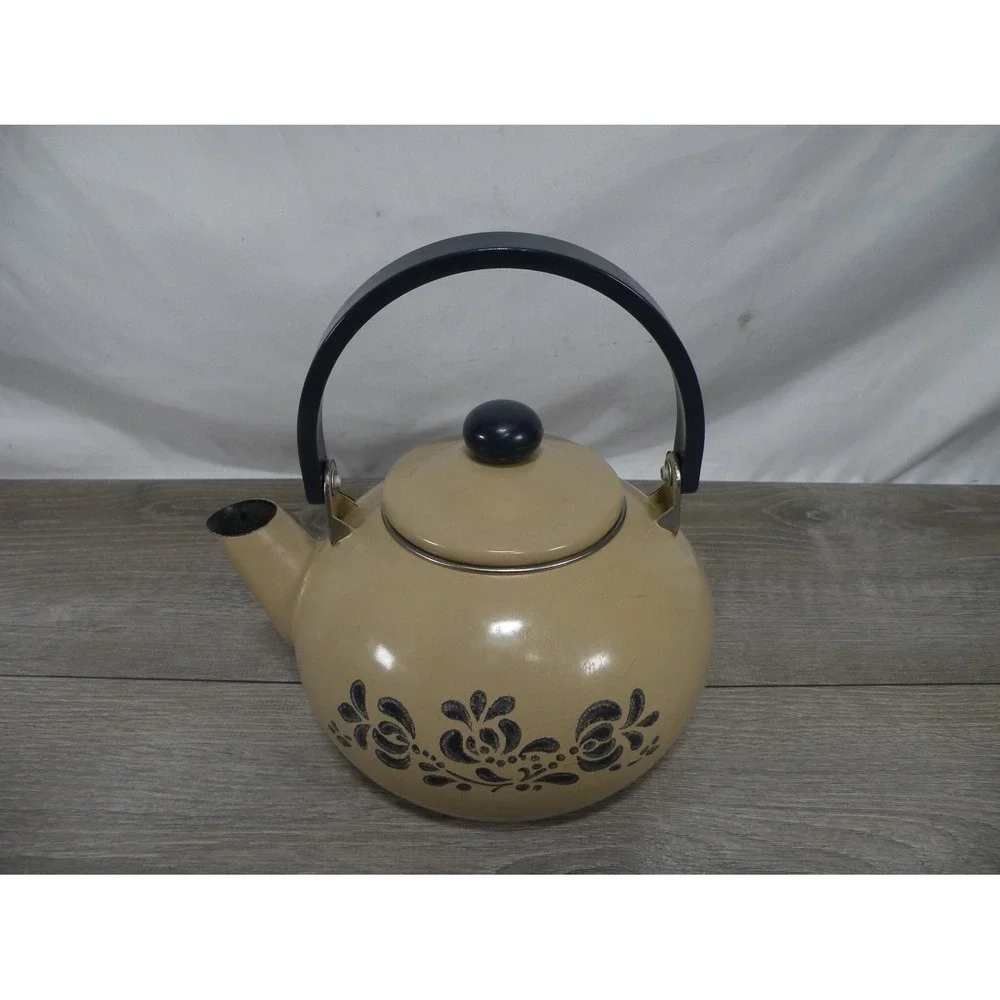 Enamel Tea Kettle Tan Beige Black Floral Stovetop Teapot style